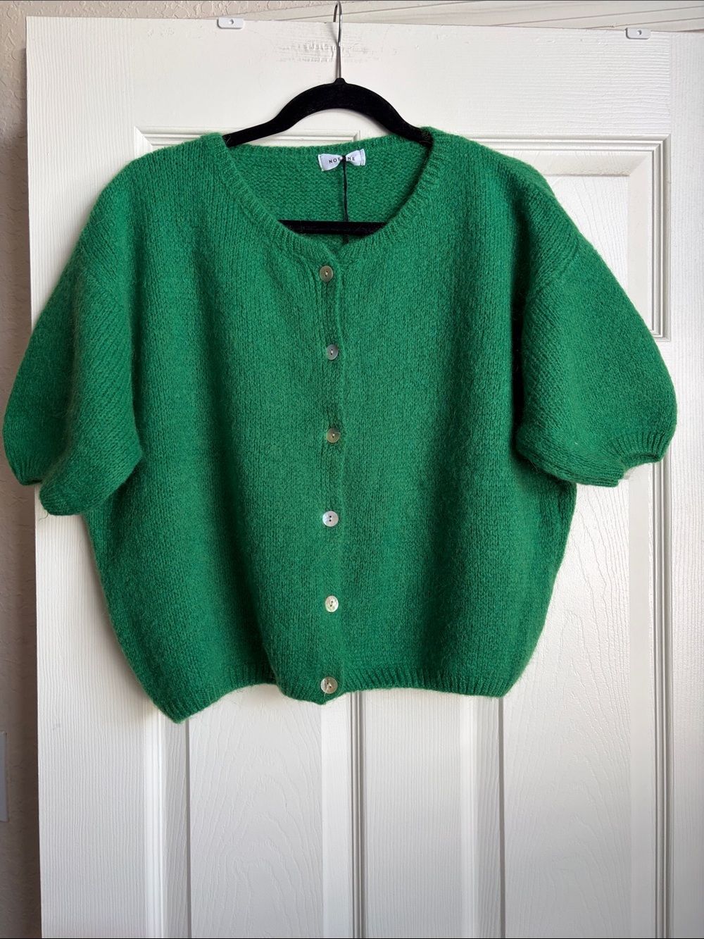 NWT Noeline Boutique Short-Sleeve Wool Green Cardigan Sweater—made in Italy